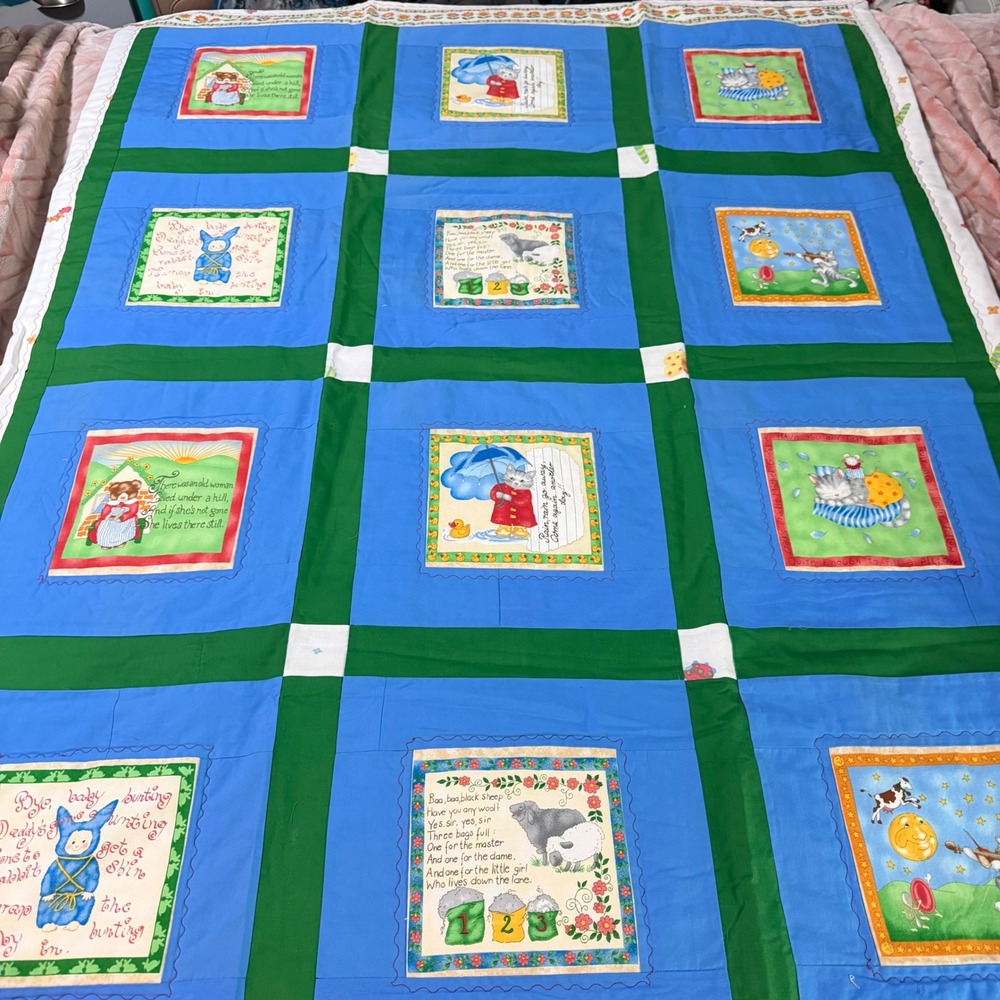 Handmade Mother Goose Nursery Rhyme Patchwork Quilt Blue Green 60 x 44 Inch